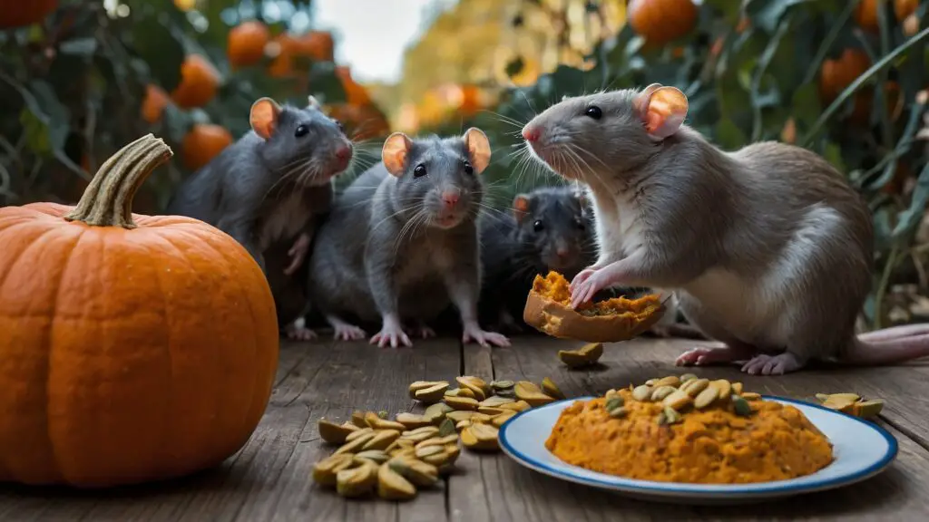 Two groups of rats divided by a dotted line; one group eating raw pumpkin pieces and the other looking skeptically at a pumpkin pie, highlighting the controversy in feeding rats raw pumpkin.