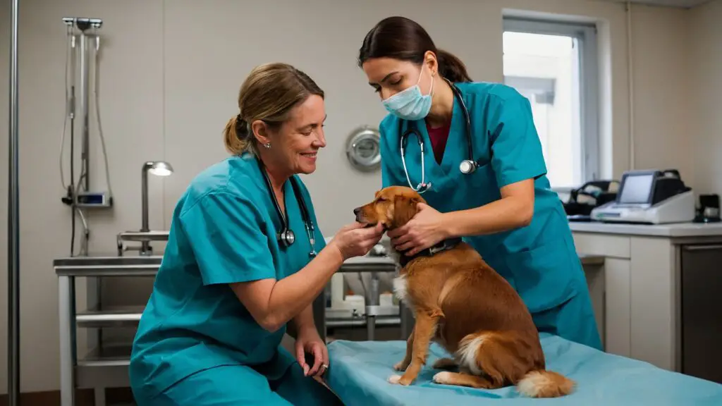 A blind dog receiving a check-up at the vet with its owner by its side, emphasizing the importance of regular health screenings.