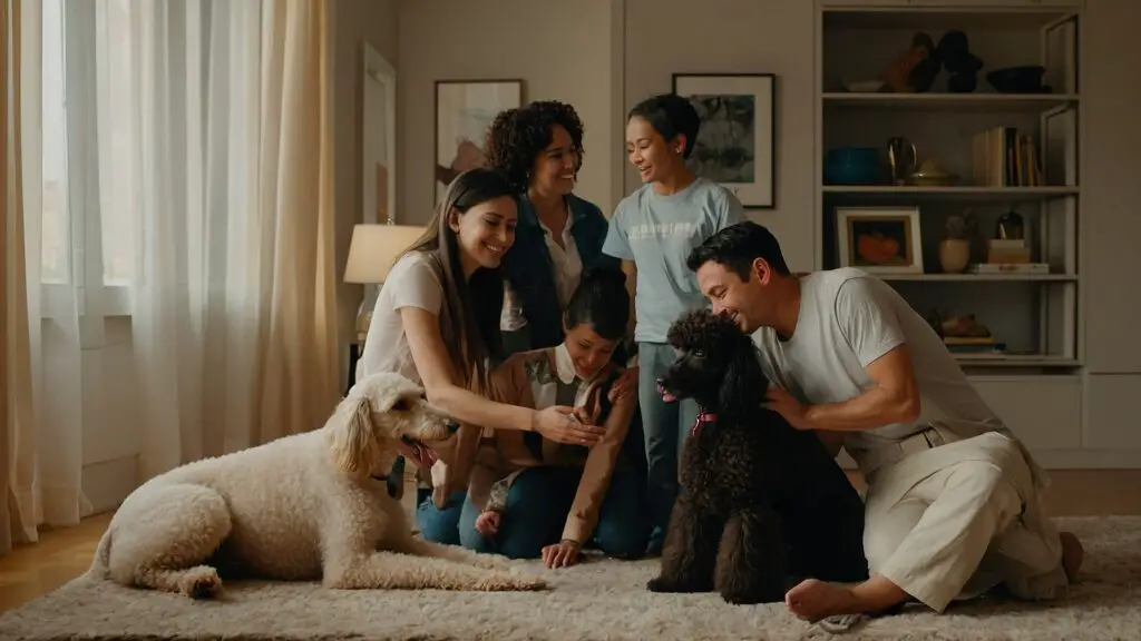 A family warmly embracing their unique straight-haired poodle in a cozy living room filled with poodle-themed decorations.