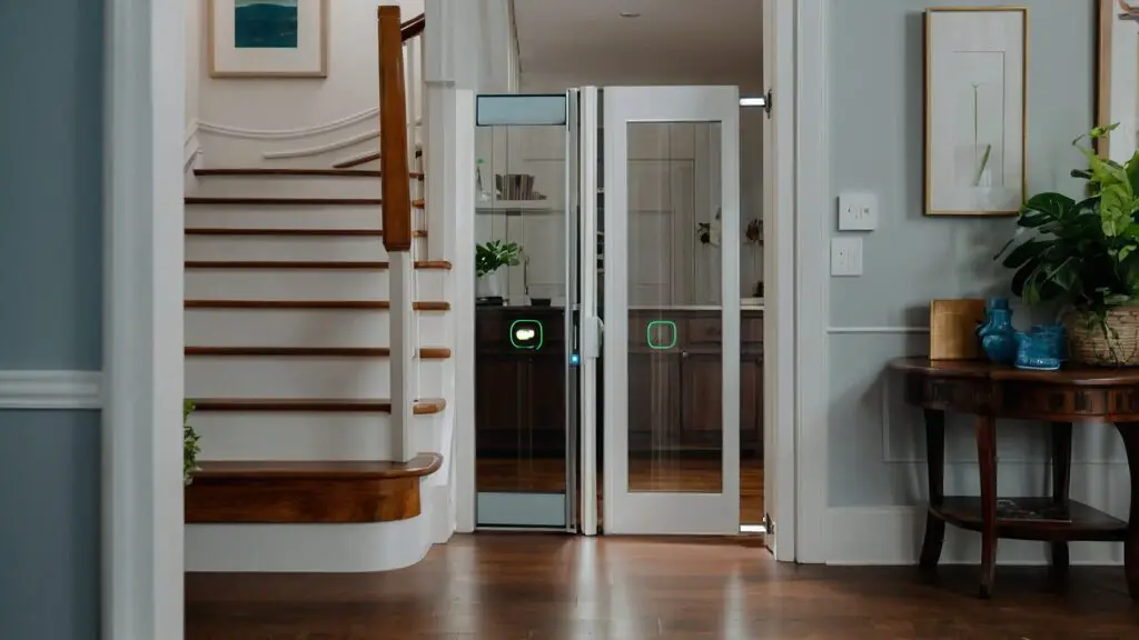 A well-equipped home showing a smart lock on a door and a dog sitting in front, highlighting dog-proofing measures for homeowners.