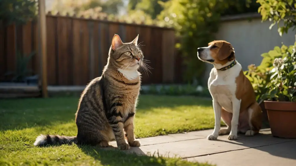 A cat sitting upright, a dog attempting to mimic the pose, and a bird observing, in a sunny garden comparison.