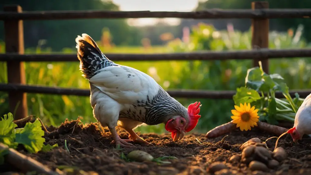 Chickens in a garden pecking at a variety of healthy foods like vegetables, fruits, grains, and insects as safe alternatives to hotdogs.