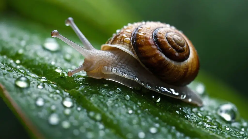 Close-up of a snail on a dewy leaf in a lush garden, capturing the silent beauty of nature's slow wanderer.