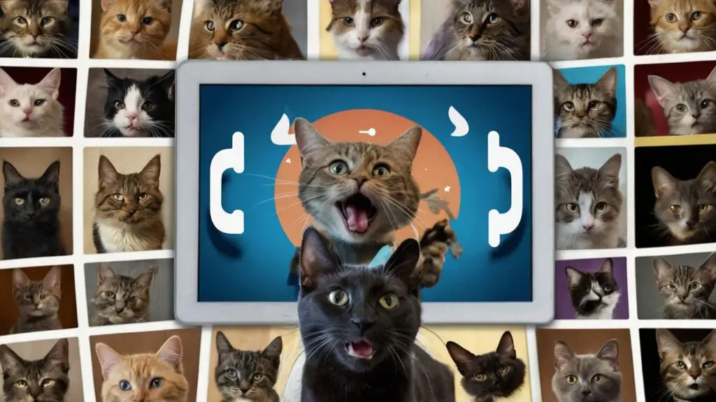 Montage of cats in humorous and dramatic poses within mock social media posts, highlighting viral cat content on a computer screen.
