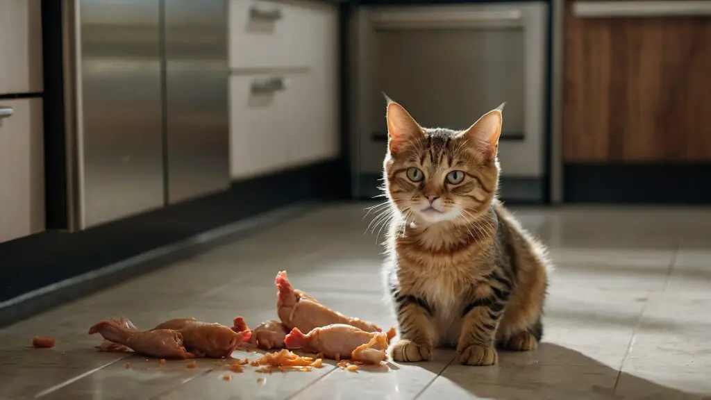 Playful cat pawing at a can of chicken on a kitchen floor, illustrating the consideration of canned chicken in a cat's diet.