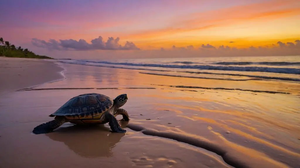 Sunset on a beach with a turtle silhouette, symbolizing slow, steady, and silent movement towards the ocean.