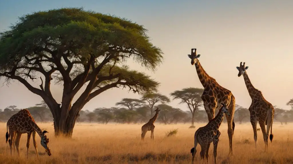 Serene savannah dawn with giraffes, highlighting the gentle and silent nature of these towering creatures.