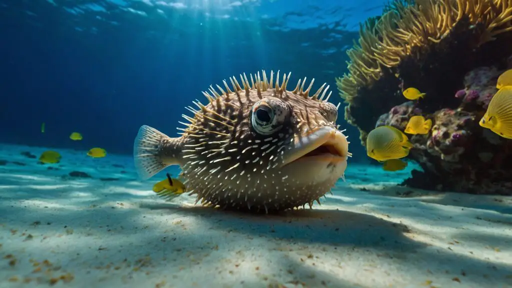 A pufferfish nibbling on a coconut husk underwater, surrounded by coral reefs and marine life.