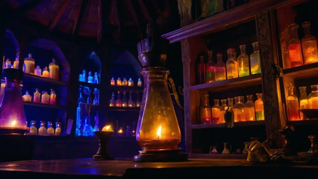 Wizard stirring a cauldron in a candle-lit room full of magical potions, capturing the enchanting essence of potion-making.