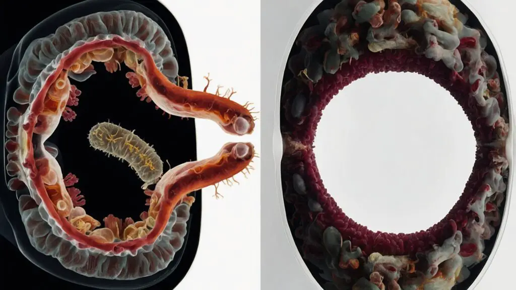 Split-screen illustration contrasting the bacterial environments in a human mouth and a dog's mouth, highlighting the debate on oral cleanliness.