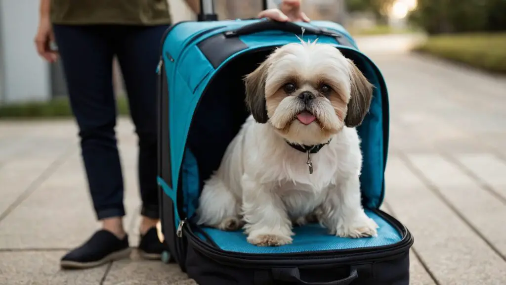 Step-by-step guide showing a Shih Tzu getting ready for a flight, from vet approval to practicing with a travel carrier.