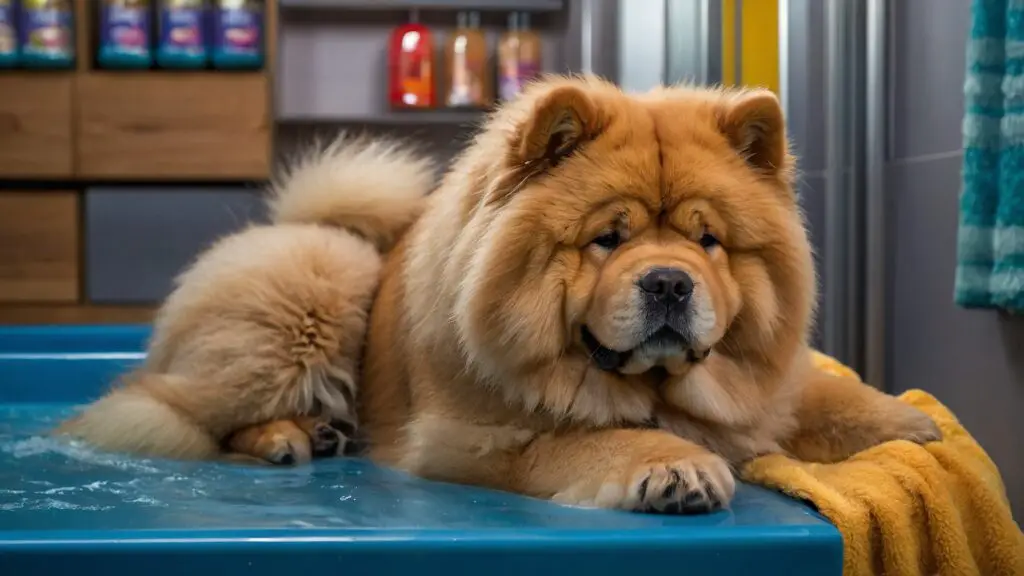 Step-by-step visual guide on grooming a Chow Chow with hypoallergenic products to manage allergies and reduce sneezes.