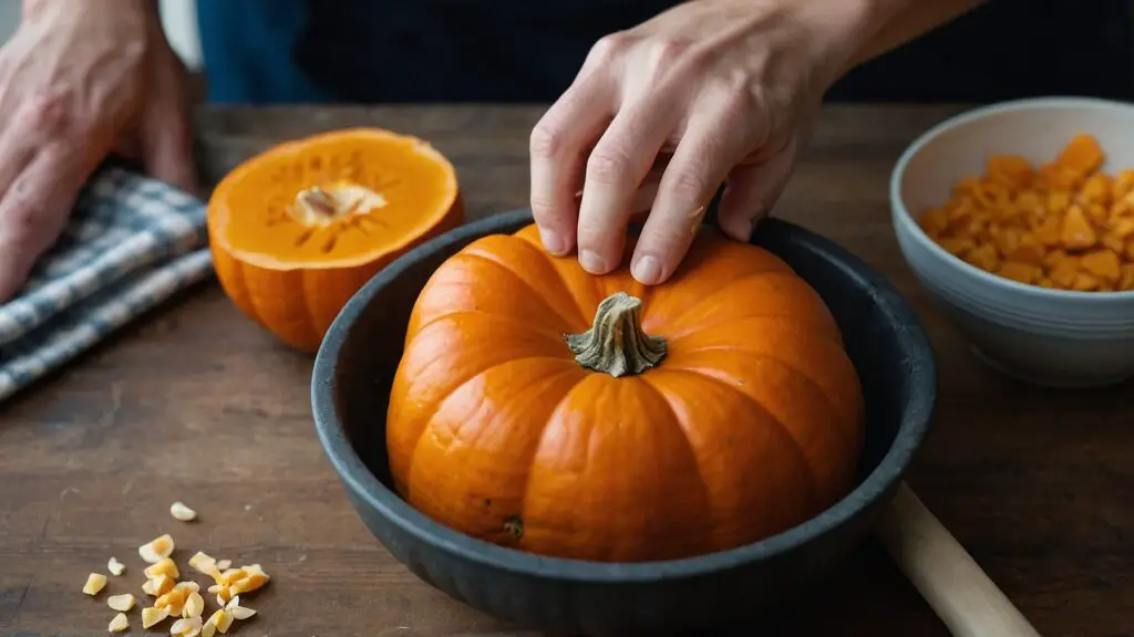 A step-by-step visual guide on preparing raw pumpkin for rats, from washing and peeling to cutting and serving, highlighting proper feeding methods.