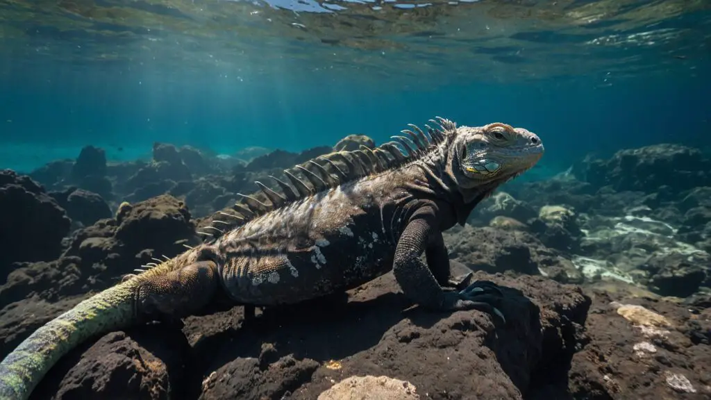 A marine iguana swimming underwater in the Galápagos Islands, showcasing its adaptation to a marine lifestyle.