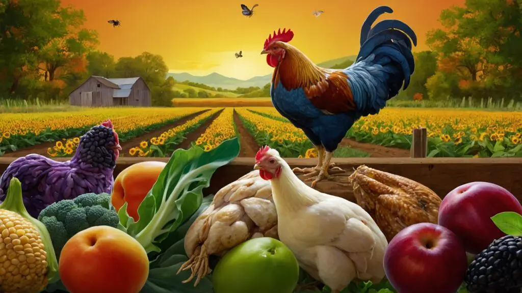 Illustrated overview of a chicken's natural diet including seeds, insects, greens, and fruits on a farm setting.