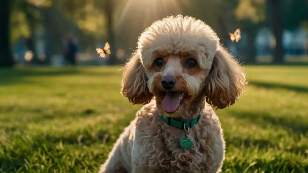 A straight-haired poodle playing fetch in a sunlit park, highlighting its unique coat during a pet photography session.