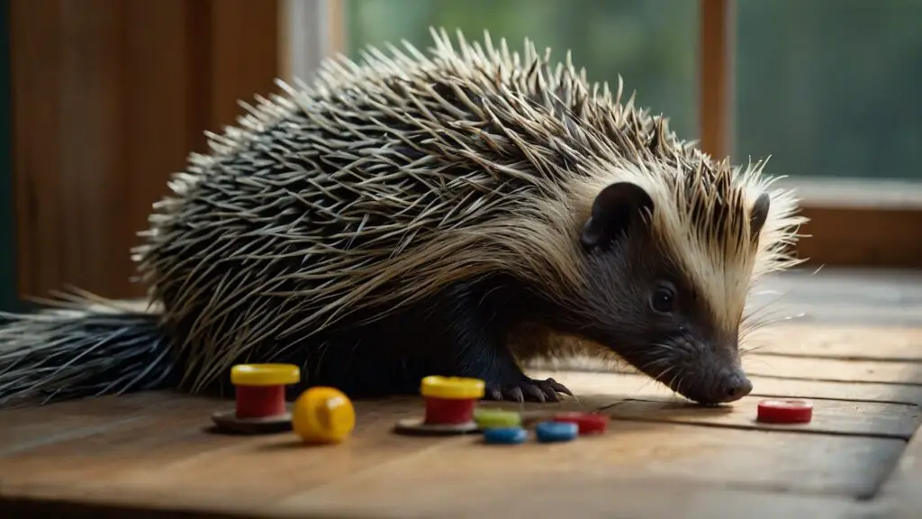 A porcupine interacts with a puzzle feeder and rests on a pet bed, showcasing its adaptability as a unique household pet.
