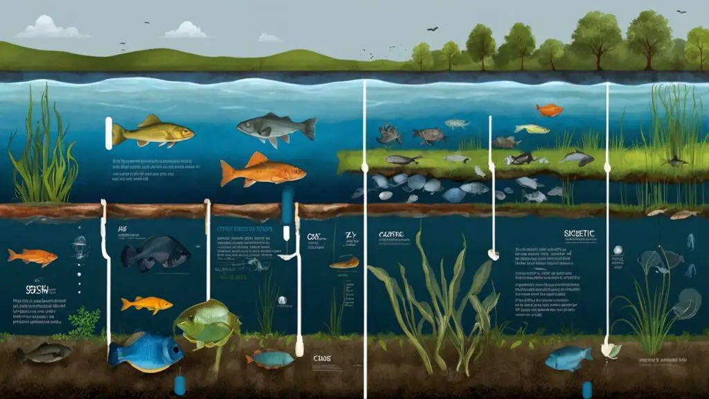Cross-section illustration of a river ecosystem highlighting factors that determine catfish lifespan, including water quality and food sources.