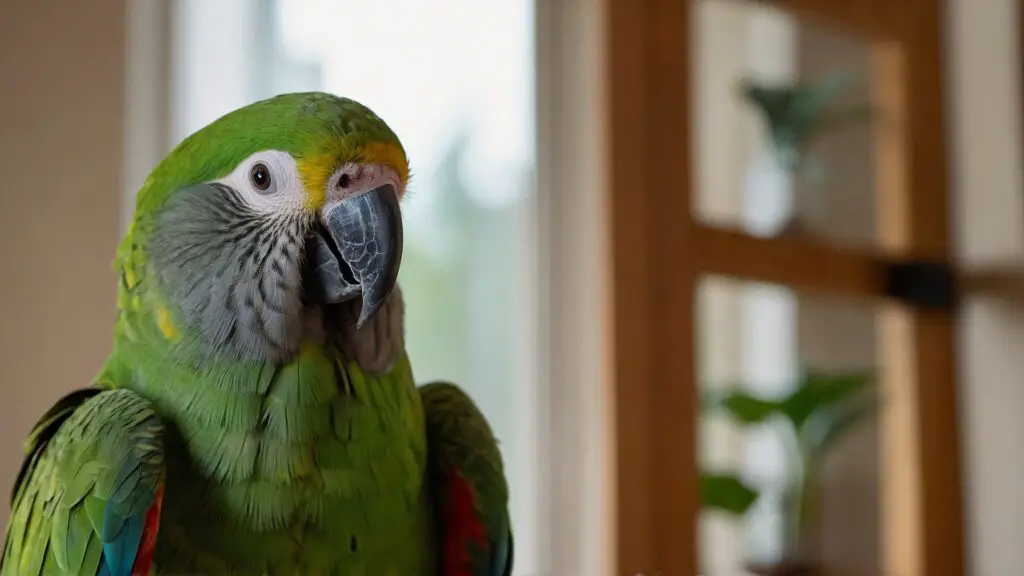 Senegal parrot on an owner's shoulder in a cozy living room, showing a close bond.