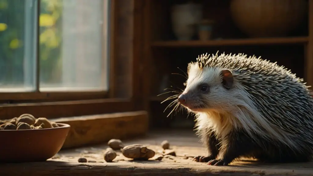 A porcupine explores its cozy and enriched living space inside a home, reflecting thoughtful pet care and environment.