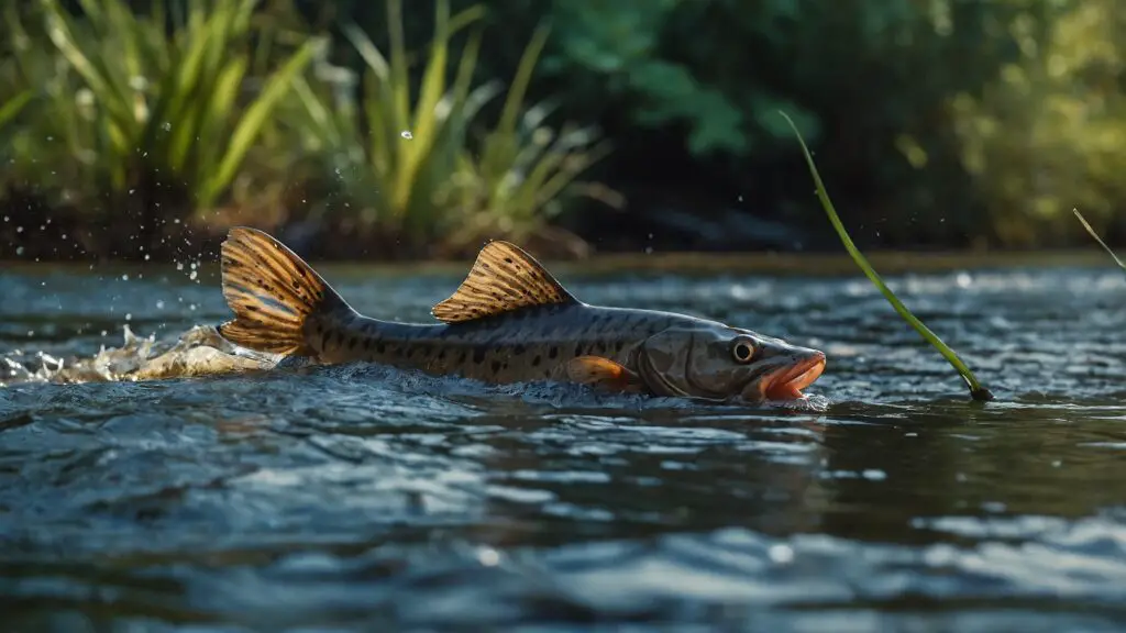 Dynamic river scene with an aged catfish navigating challenges, symbolizing survival and longevity in the wild.