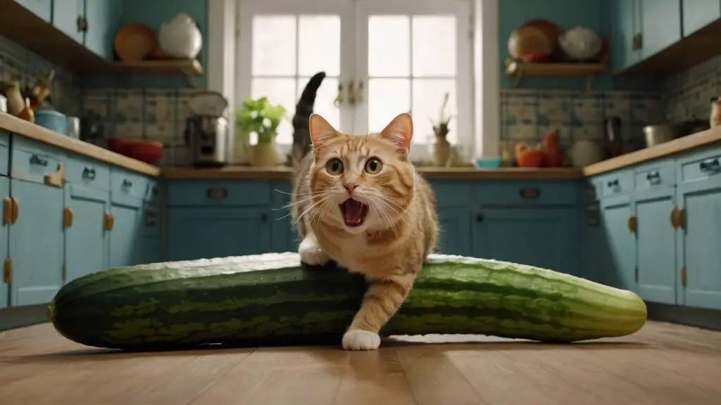 Animated cat jumping high above a cucumber on a kitchen floor, showcasing a dramatic and exaggerated reaction.