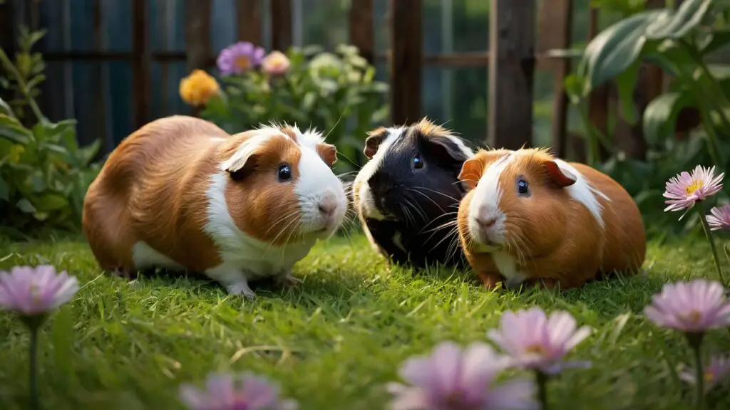 Colorful collage of various guinea pig breeds in a garden, highlighting the unique Ridgeback guinea pig.