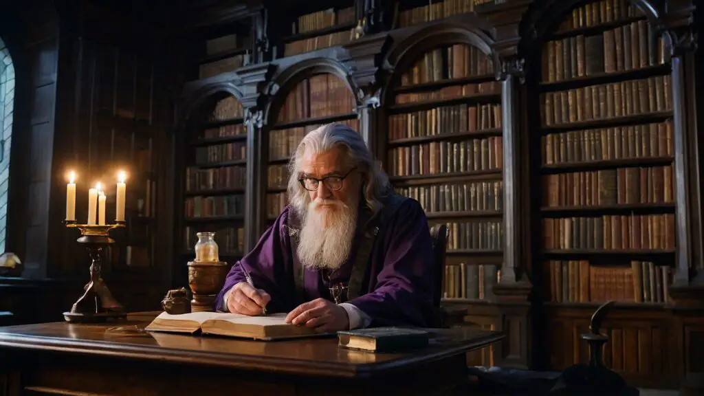 Scholarly wizard studying the art and science of Swelling Solution in a wood-paneled room, surrounded by ancient potion-making texts.