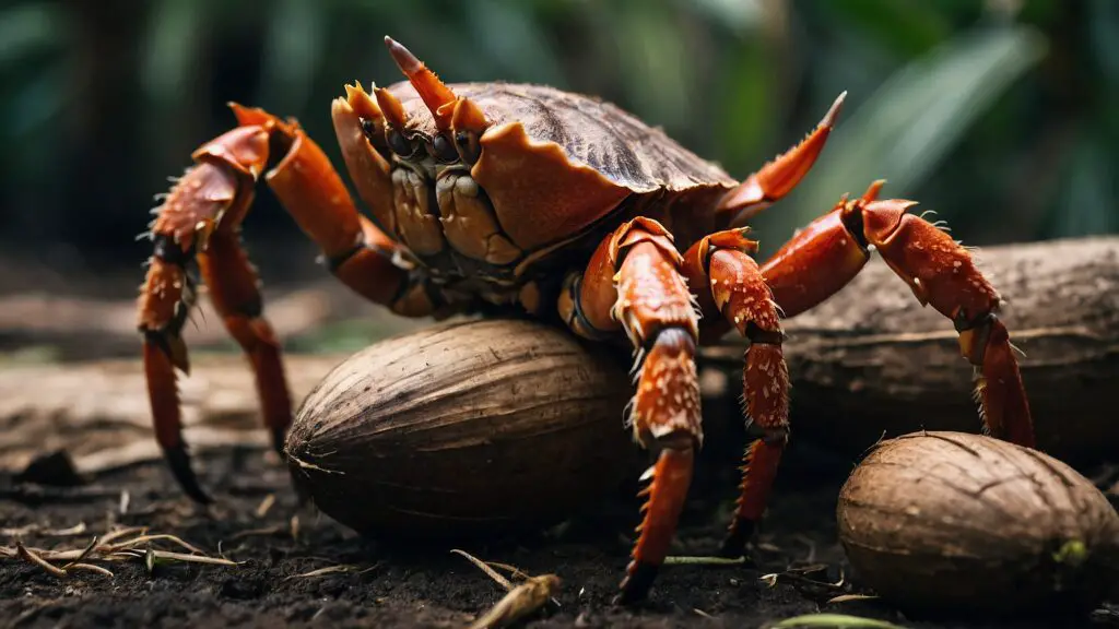 Close-up of a coconut crab gripping a coconut, highlighting its size and adaptations.