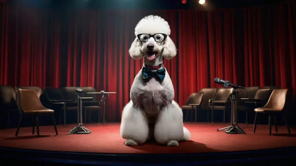 A poodle wearing glasses and a bow tie telling jokes on stage to an audience of laughing dogs, spotlighted by a comedy club backdrop.