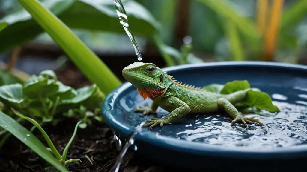 Various lizards in a garden hydrating through dewdrops, a shallow dish, and raindrops, showcasing their natural drinking behaviors.