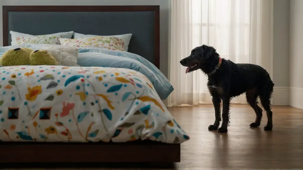 Pet owner using scent markers to guide a blind dog towards its safely arranged bed with textured toys around.