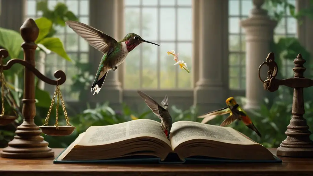 Symbolic scales balancing a hummingbird and a law book, representing the legal considerations of pet ownership.