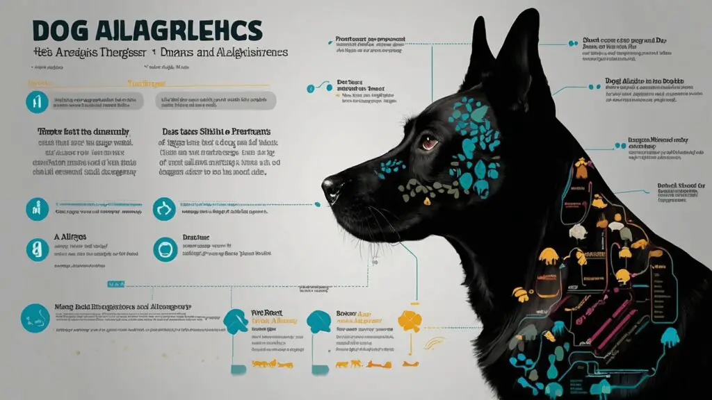 Infographic illustrating common dog allergy triggers, highlighting dander, saliva, and urine on a dog silhouette.