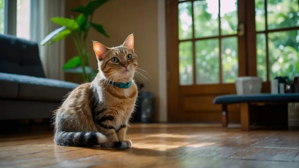 A curious cat transitioning into an upright sitting position on a wooden floor, surrounded by plants and toys.