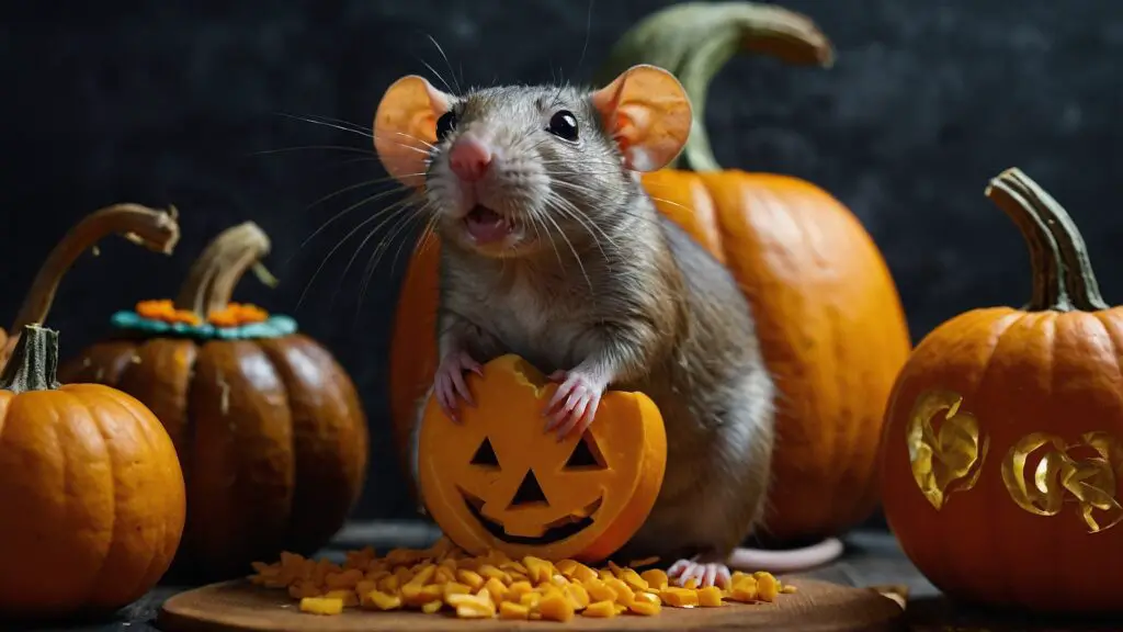 A vibrant rat surrounded by symbols of a shield, a heart, and a happy face, each linked to a pumpkin, illustrating the health benefits of raw pumpkin for rats.