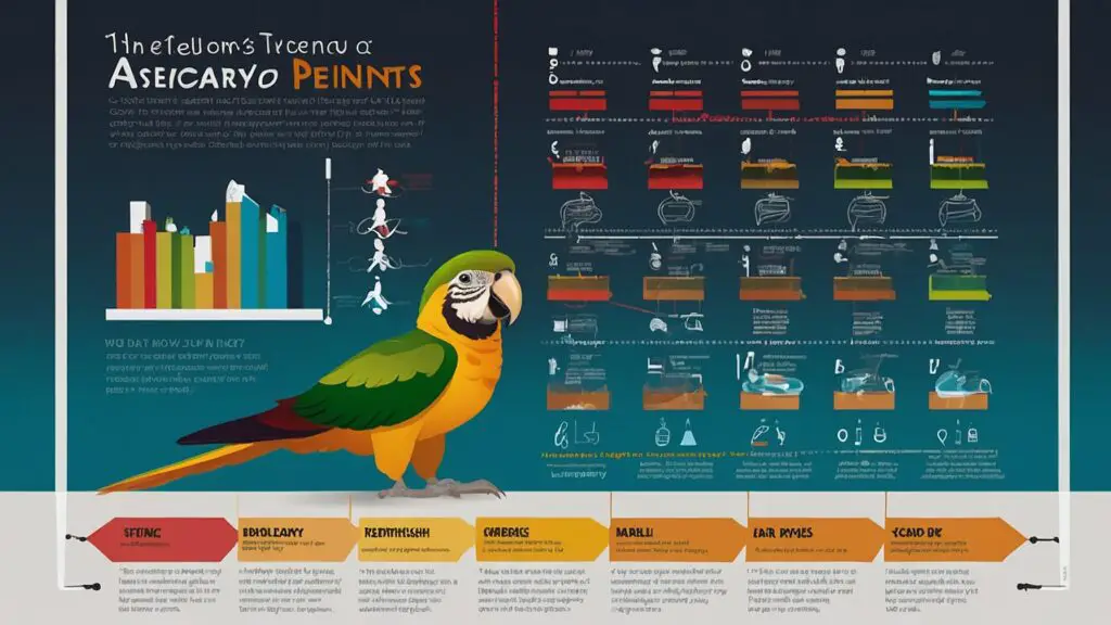 Infographic of a Senegal parrot lifespan with icons for bonding, molting, and veterinary care.