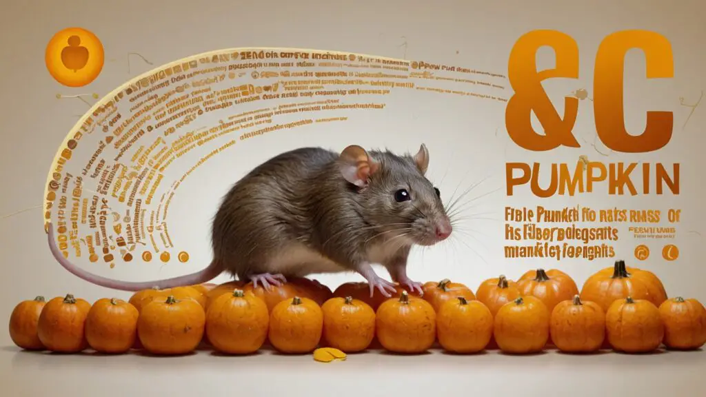 A rat surrounded by icons of vitamins A and C, fiber, and a low-fat symbol, all connected to a piece of pumpkin, depicting the nutritional benefits of raw pumpkin for rats.