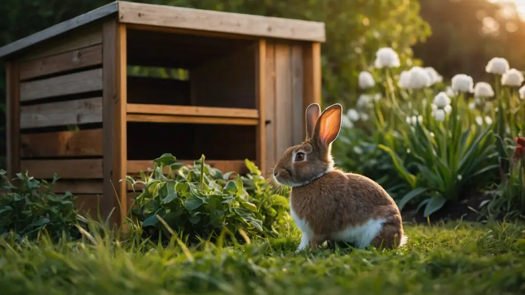 A rabbit exploring an outdoor garden with a sign on the hutch about optimizing well-being for rabbits with Megacolon.