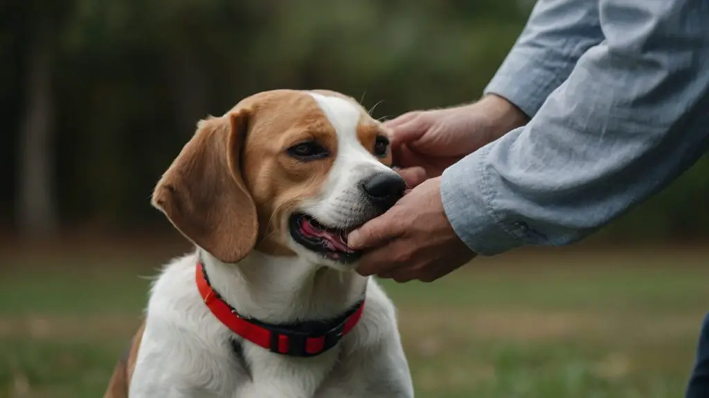 Close-up of hands checking the tightness of a dog's collar using the two-finger rule, focusing on a smiling beagle.