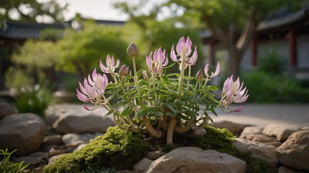 Close-up of Astragalus membranaceus with annotations of health benefits for dogs against a Chinese garden background.