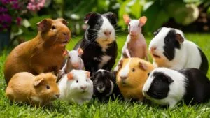 A large group of guinea pigs of various colors and breeds are sitting together on a vibrant green lawn with blurred green foliage and pink flowers in