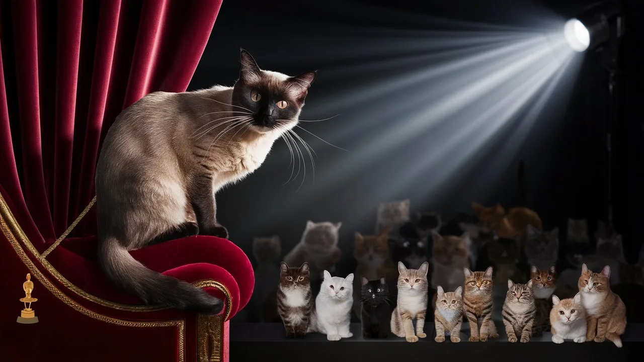 A Siamese cat sits on a red velvet armrest, illuminated by a spotlight, looking out at an audience of many different cats seated in rows in a dark the