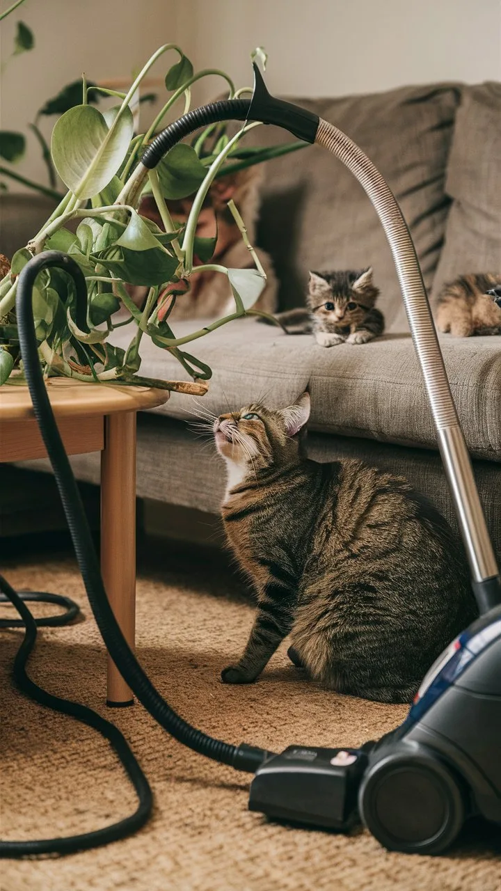 A domestic tabby cat sits on a textured brown rug, looking up at a vacuum cleaner hose, while two small kittens observe from a grey sofa behind it, wi