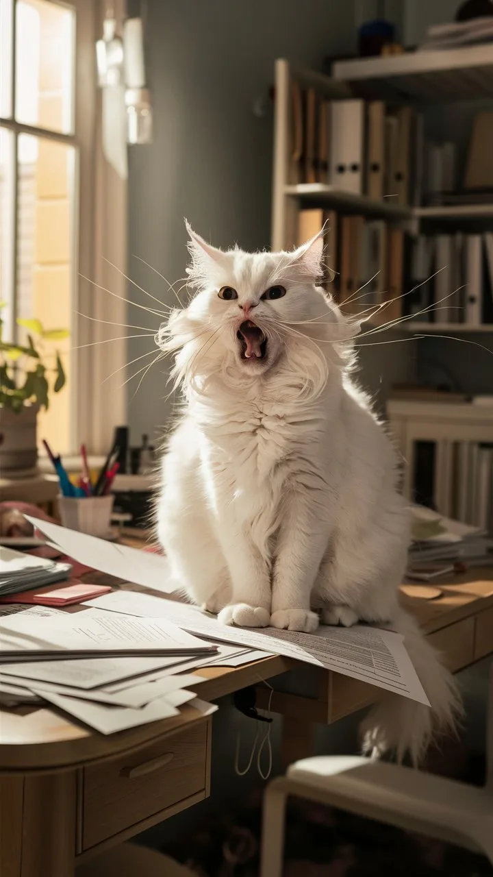A fluffy white cat with long fur sits on a messy wooden desk, its mouth wide open in a yawn or a meow, with papers scattered around it and an office b