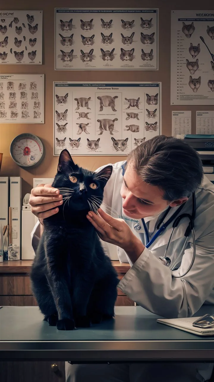 A female veterinarian in a white lab coat gently examines a fluffy black cat sitting on a table in a dimly lit examination room, with anatomical chart