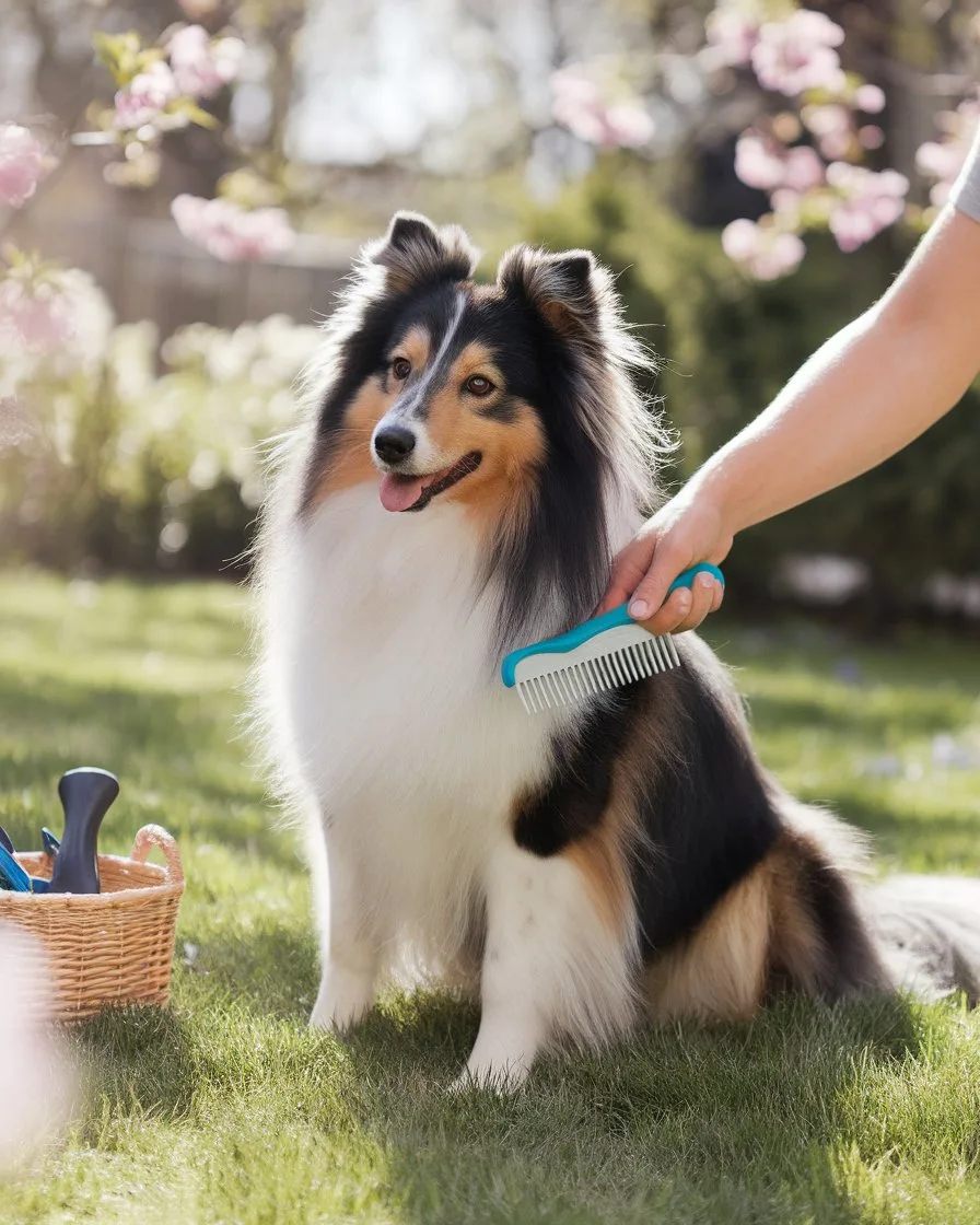 An outdoor garden scene with a shetland sheepdog s C7FsaRFSRxqxCdZdT10JDg Y2HHel5XSaCq60h1 LaTcQ