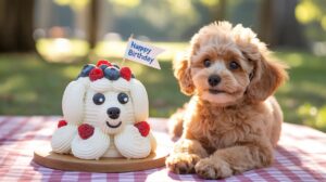 A fluffy brown puppy lies on a picnic blanket next to a dog-shaped birthday cake decorated with berries and a small flag that reads Happy Birthday, outdoors in a park.