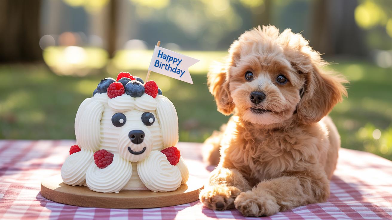 A fluffy brown puppy lies on a picnic blanket next to a dog-shaped birthday cake decorated with berries and a small flag that reads Happy Birthday, outdoors in a park.
