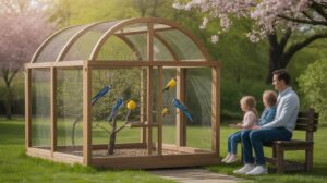 A man and two children sit on a bench watching colorful parrots inside a large wooden and mesh aviary in a park with green grass and blooming trees.